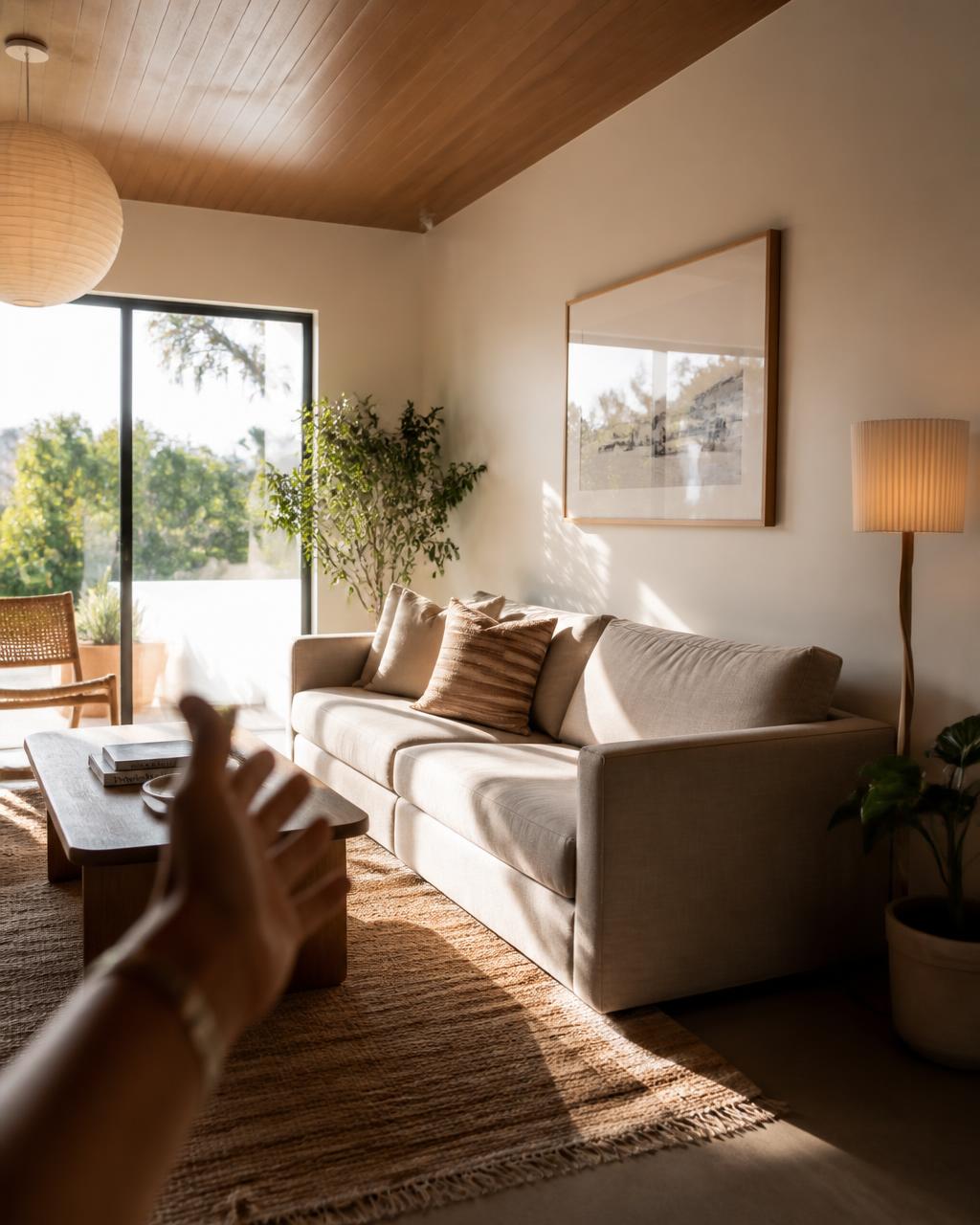 Sunlit Airbnb living room being filmed for a walk-through video